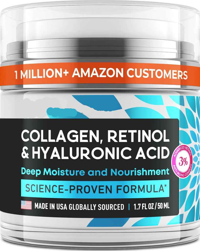 Simply Vital collagen, retinol, and hyaluronic acid cream jar on a white background