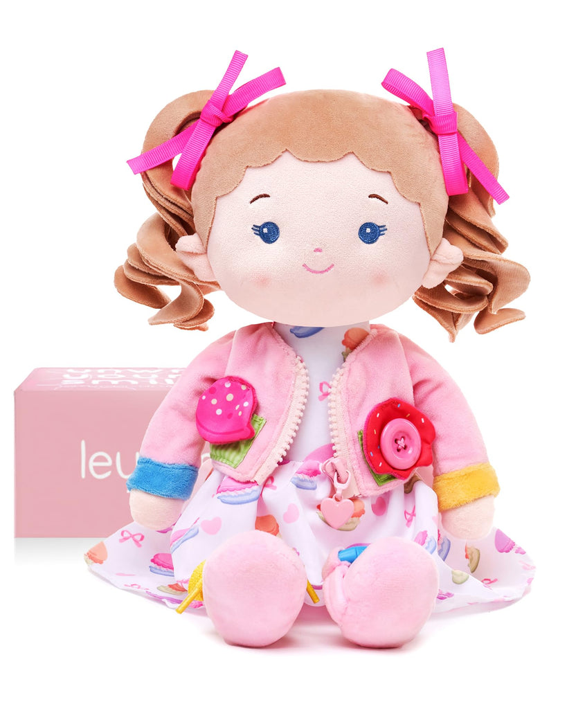 LeyaDoll Soft Bady Educational Soft Baby Doll(16''), Learning Sensory Doll for Toddlers, Montessori Toys for 2-Year-Old Girls Christmas, Birthday Gifts, Plush Doll with Button-Busy Cupcake-Girl