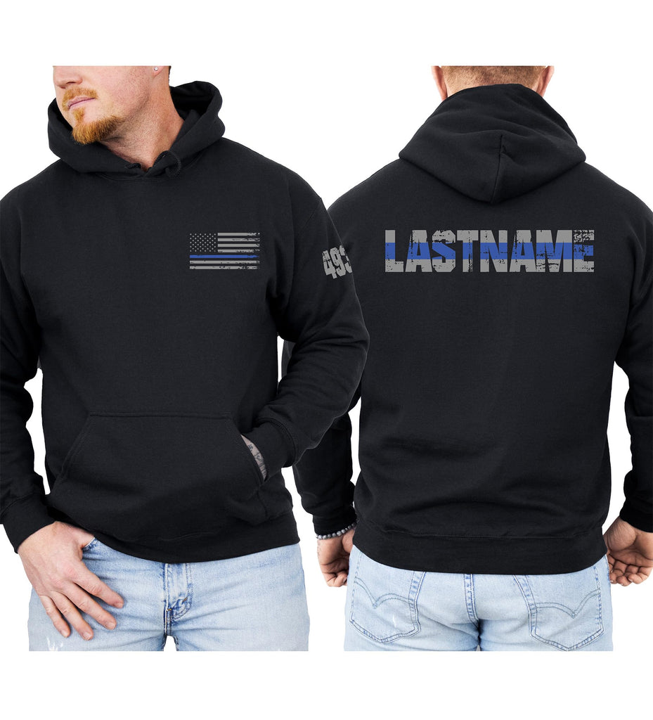 Hee-Roes Personalized Police Hoodie with Name and Badge Number Graduation Gifts Police Hoodies for Men and Women Thin Blue Line US Flag Patriotic Tees