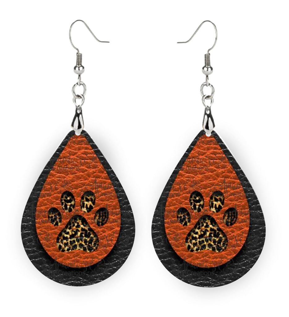 Leopard Orange and Black Paw Print Earrings - Game Day Earrings
