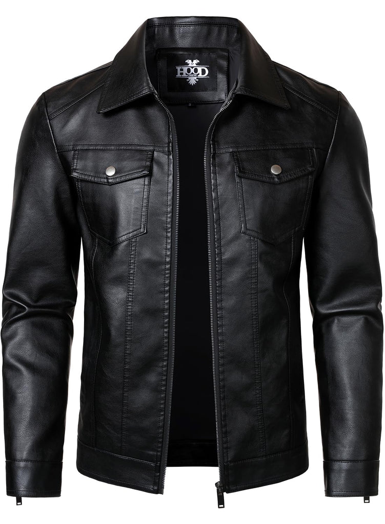HOOD CREW Mens Leather Jacket Motorcycle Biker Jackets Casual Lightweight Faux Leather Outwear