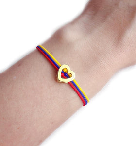 Love Colombia, Yellow, Blue and Red Bracelet, Women's Brass Colombian Bracelet 18K Gold Plated Real Drawstring Closure Bracelet, Handmade