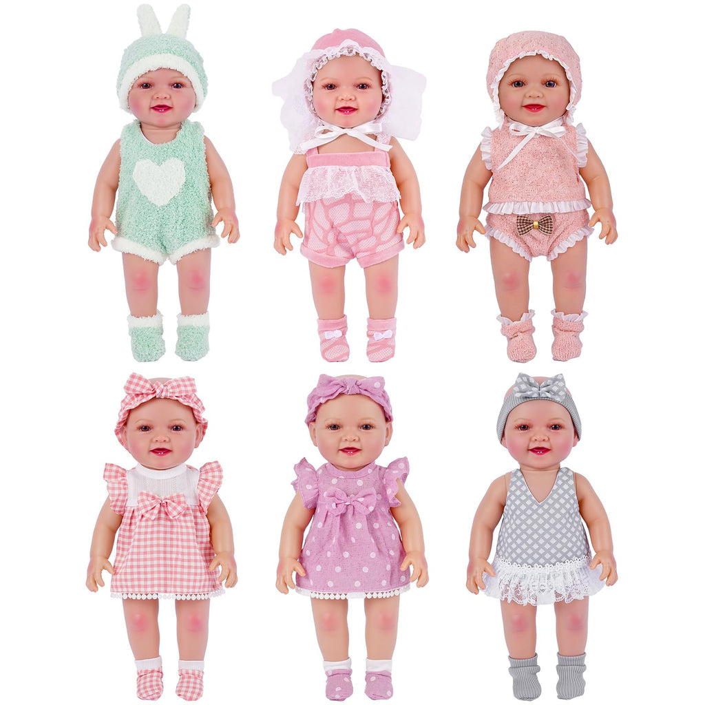 BABESIDE 6 Sets of Baby Doll Clothes for 12-15 Inch Dolls, Various Styles Baby Dolls Clothes and Doll Accessories Set with Dolls Hats Socks for Girls Pretend Play Toys