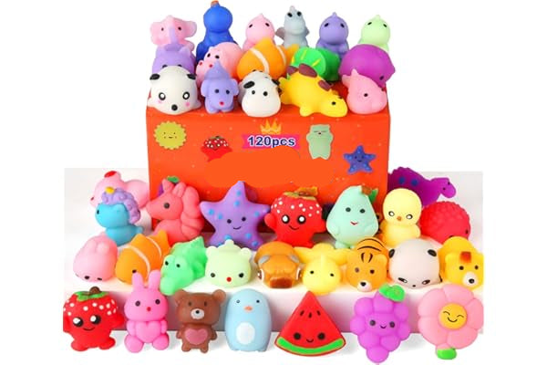 Assorted colorful mochi squishy toys with a box labeled '120 pcs Mochi Squishy Toys' on a white background.