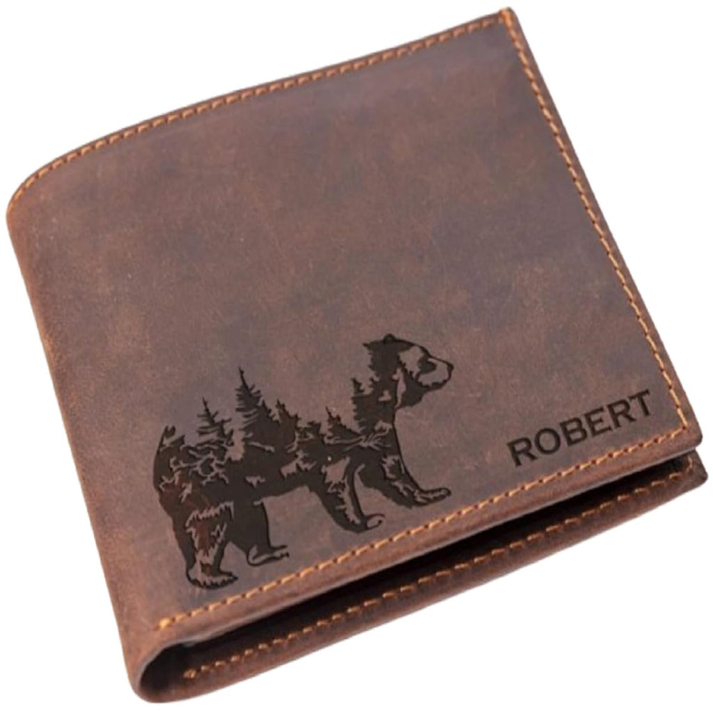 Personalized Christmas Gifts, Wallet For Men, Engraved Name Wallet, Fathers Day Gifts For Dad Husband, Personalized Grizzly Bear Leather Wallet, Customized Wallet Name for Men