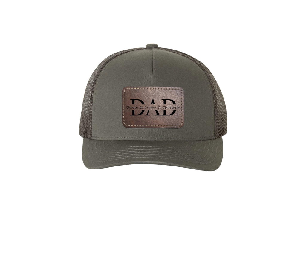 Personalized Dad Hat with Kids Names, Custom Leather Patch Trucker Style, Unique for Grandpa