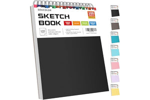 Soucolor Sketch Book, Spiral Bound Acid-Free Sketchbook with 68lb/100gsm for Paper Painting, Drawing, Writing, Artist Sketching Pad for Kids, Adults & Teens, 100 Sheets (Black, 9 x 12 Inch, Pack of 1)