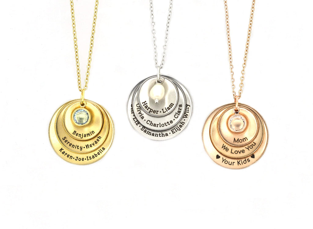 Personalized Grandmother Necklace - Engraved Mom Gift - 15 20 25mm Cupped Discs - Custom Names, Pearl - DGR-152025MM