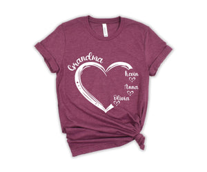 Family Custom Name Heart Shirt, Personalized Kids Name Shirt, Shirt, Cute Grandma and Grandkids T-Shirt Multiple Colors