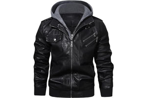 HOOD CREW Men’s Casual Stand Collar PU Faux Leather Zip-Up Motorcycle Bomber Jacket With a Removable Hood
