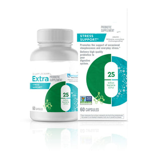 Bio-K Plus Extra Probiotic supplement bottle and packaging on a white background