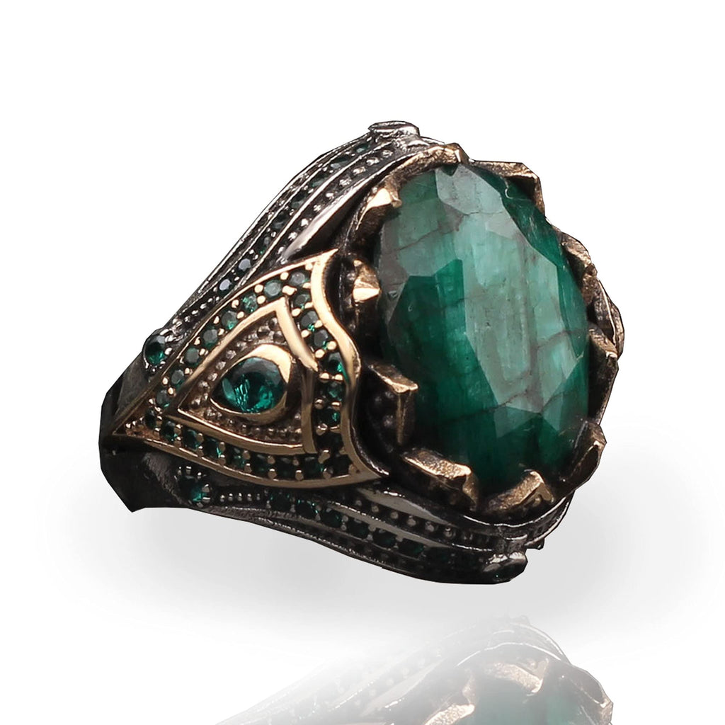 Emerald Stone Men Silver Ring, 925 Sterling Silver Emerald Gemstone Ring, Handmade Engraved Turkish Silver Ring with Natural Emerald Stone gifts for men handmade rings valentines day gifts for him