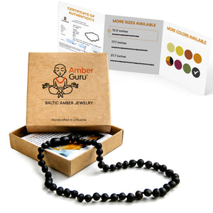 Amber Guru Baltic Amber Necklace (Authentic, Certified) - 12.5 inches - Unisex Jewelry - Black (Raw/Unpolished) - Real Amber Beads - Proud to Deliver Genuine Baltic Sea Wonder Handcrafted