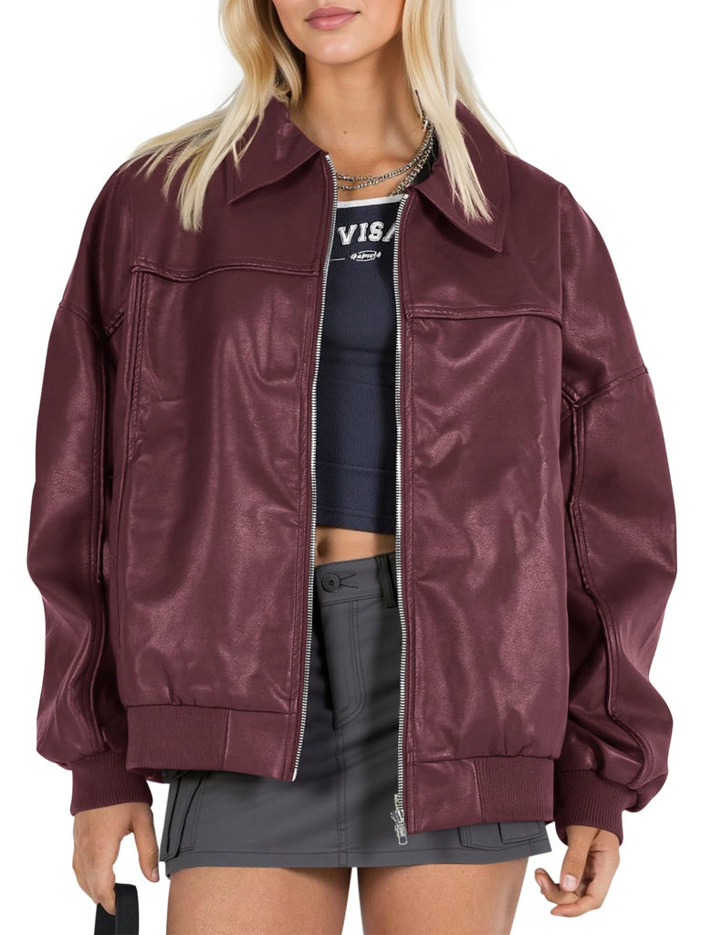 Tankaneo Womens Faux Leather Jackets Oversized Bomber Casual Fall Fashion Zip Up Moto Biker Coats