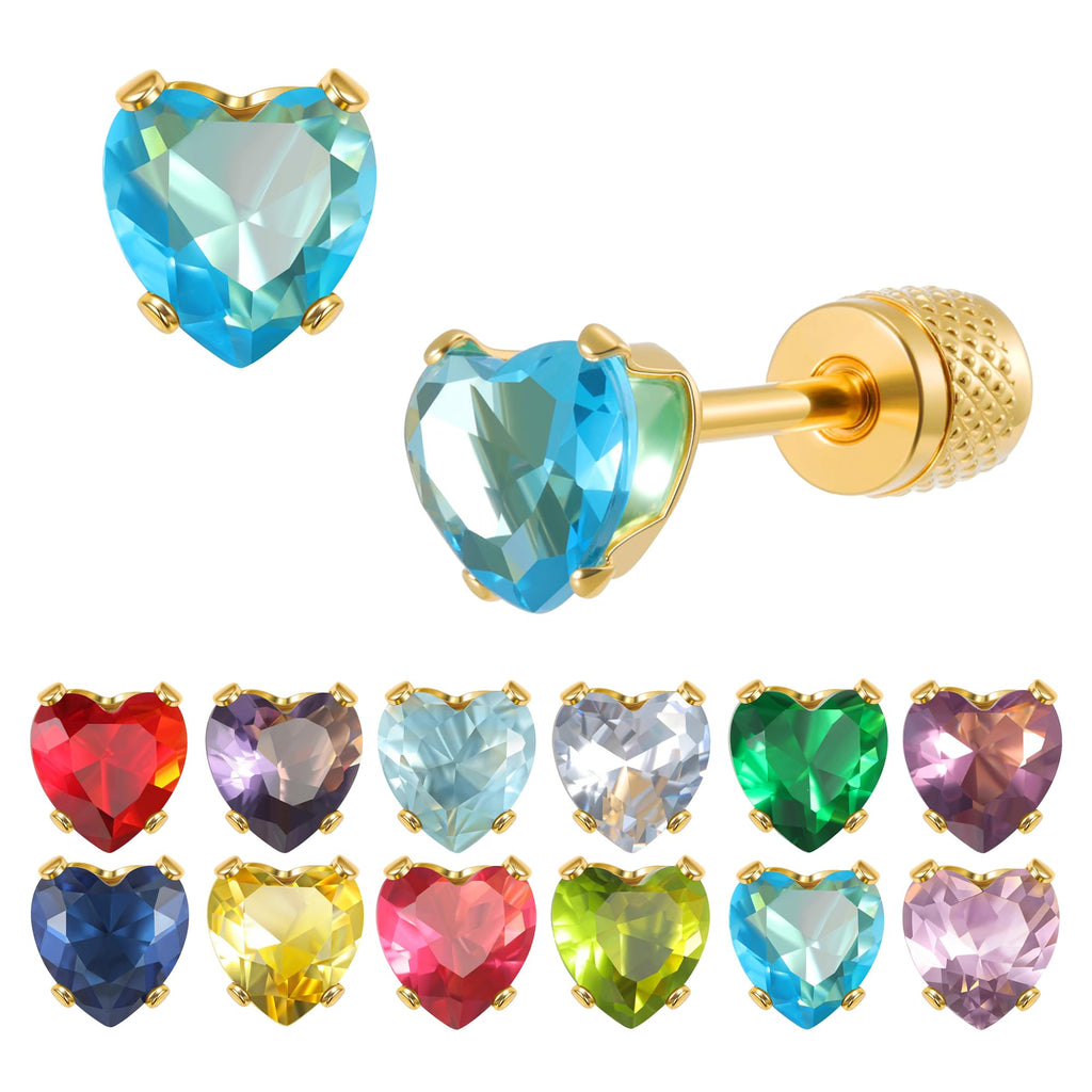 12 Pairs Hypoallergenic Screw Back Heart Birthstone Earrings for Women Man 14K Gold Flat Back Cartilage Earring for Sensitive Skin