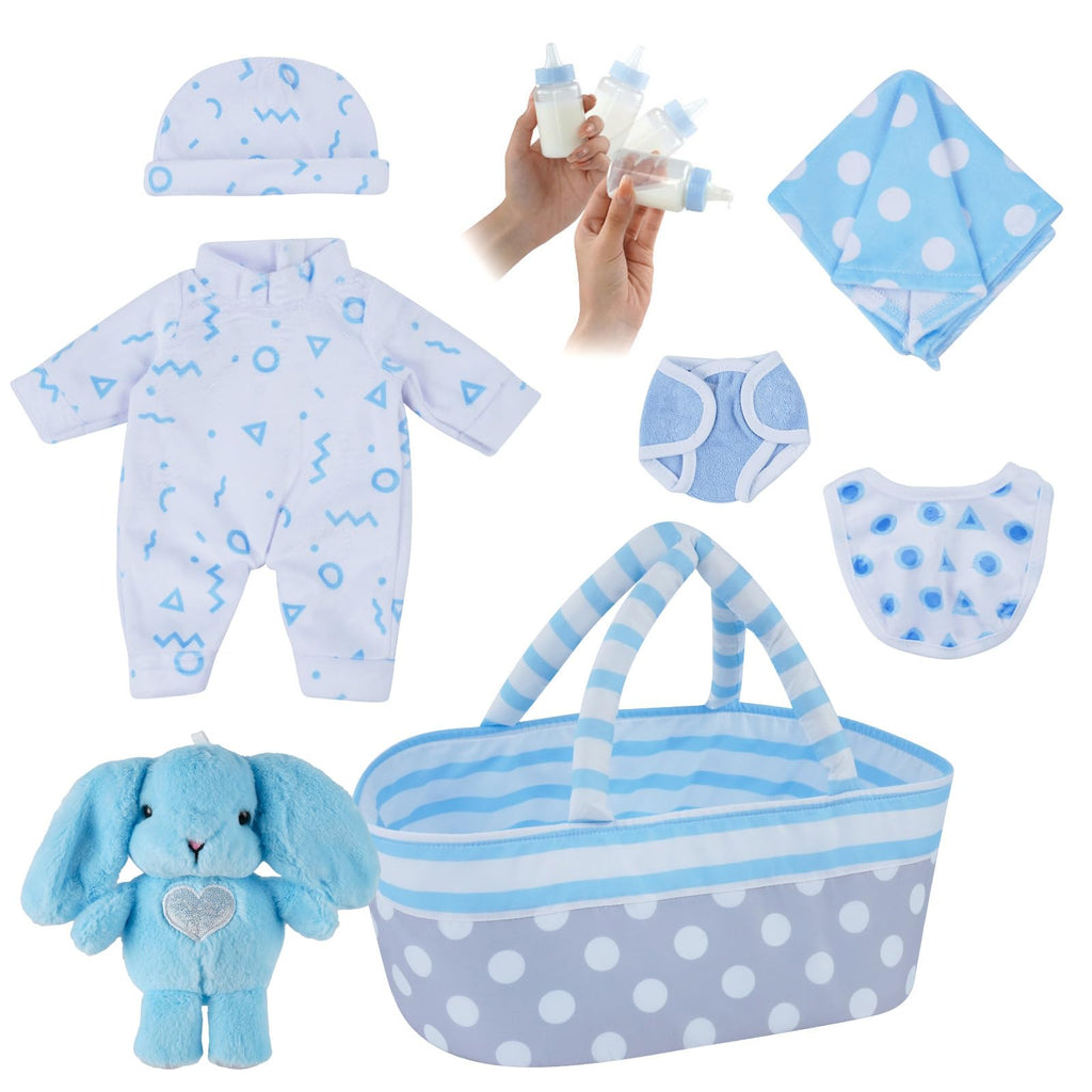 BABESIDE 8 Pcs Baby Doll Clothes Set with Bassinet for 8-10-12 Inch Dolls, Cute Baby Doll Clothes and Accessories Set for Realistic Babydolls Boy, Blue