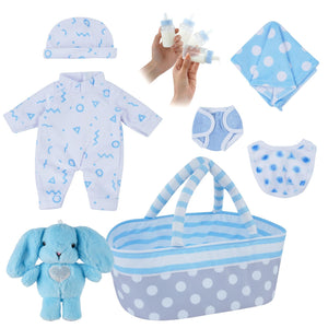BABESIDE 8 Pcs Baby Doll Clothes Set with Bassinet for 8-10-12 Inch Dolls, Cute Baby Doll Clothes and Accessories Set for Realistic Babydolls Boy, Blue