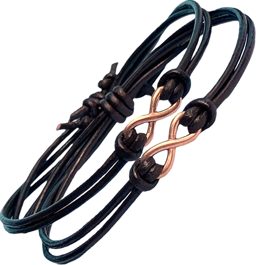 BeGenuine Store Matching Leather Bracelets for Couples Bronze Infinity Charm - Handmade Adjustable Friendship Wristbands - Perfect His and Hers Gifts, 8th Anniversary Present