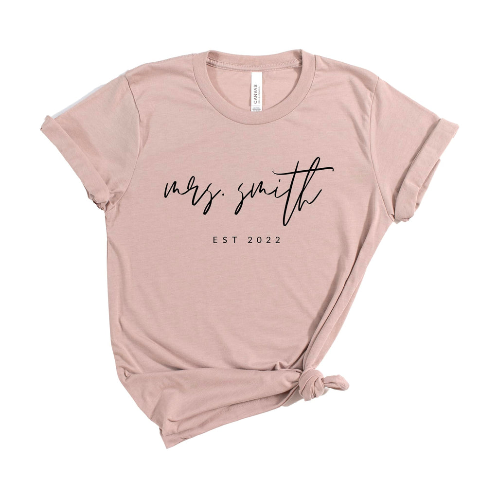 Personalized Cute Engaged Honeymoon Bride Gift Custom Mrs Last Graphic Shirt for Getting Married Women Black