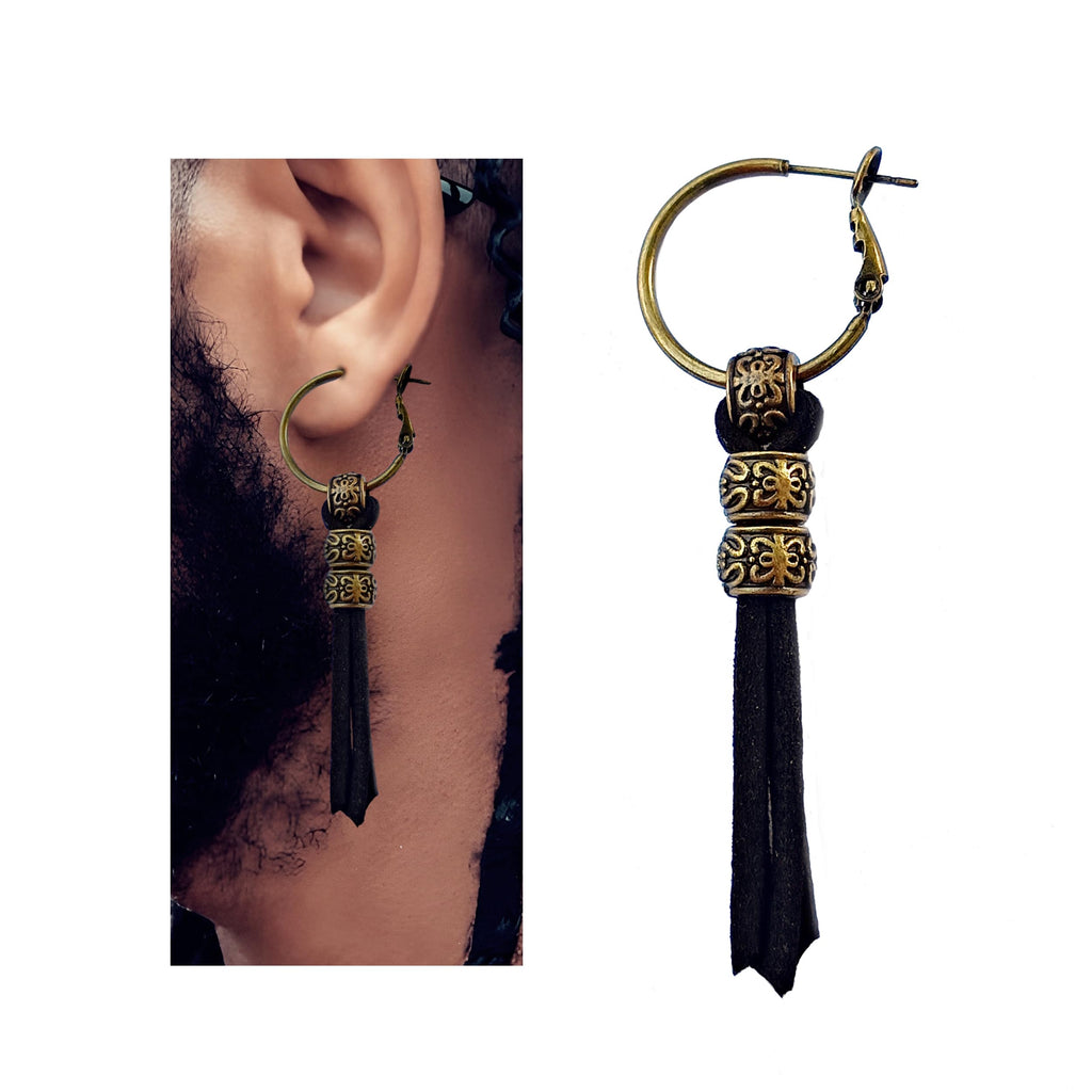 Black Leather and Bronze Earring for Men - Bronze Single Pirate Style Hoops - Dangle Punk Hippie Style Men's Earring