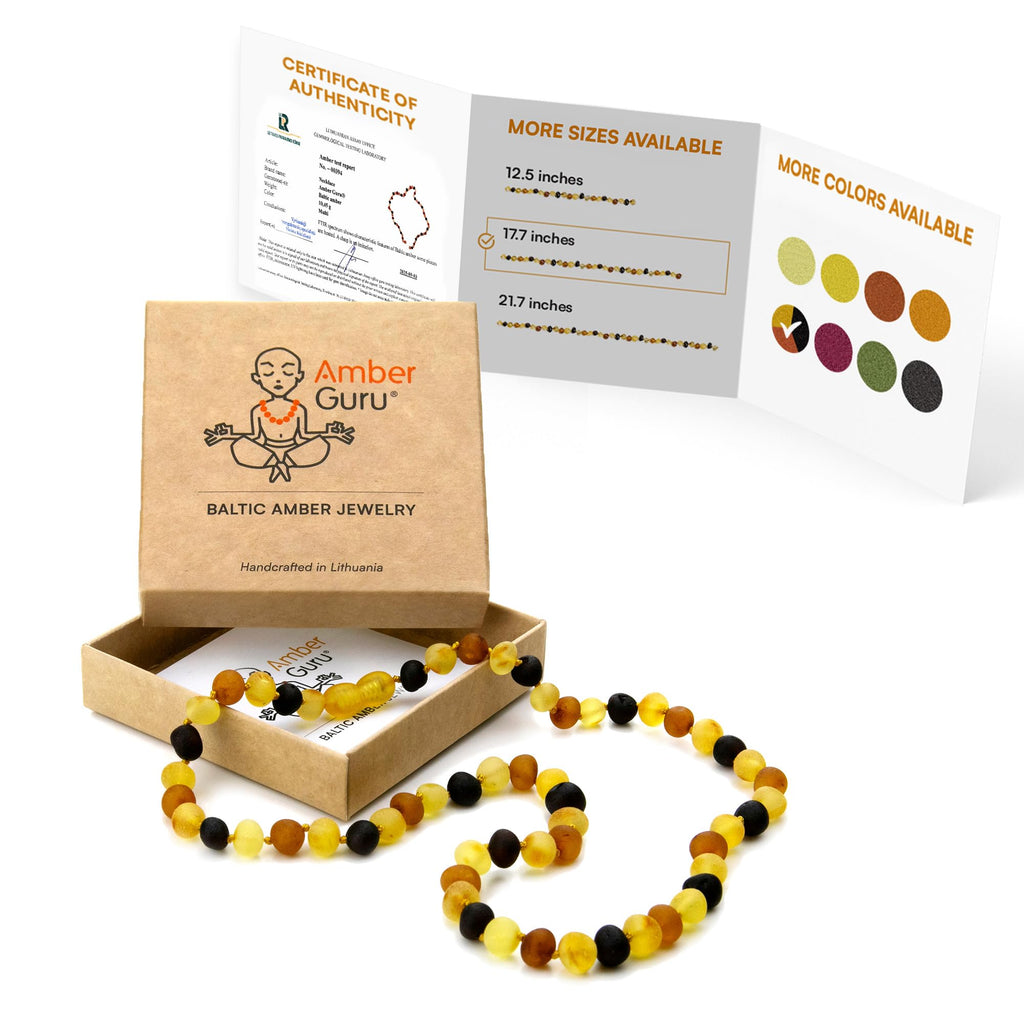 Amber Guru Baltic Amber Necklace for Women and Men (Authentic, Certified) - 17.7 inches, Multi (Raw/Unpolished) - Unisex Amber Jewelry for Adults - Amber Bead Necklace