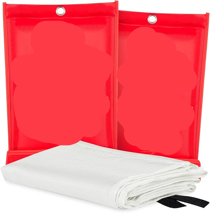 Two red 'Prepared Hero' fire blanket packages with a white fire blanket inside.