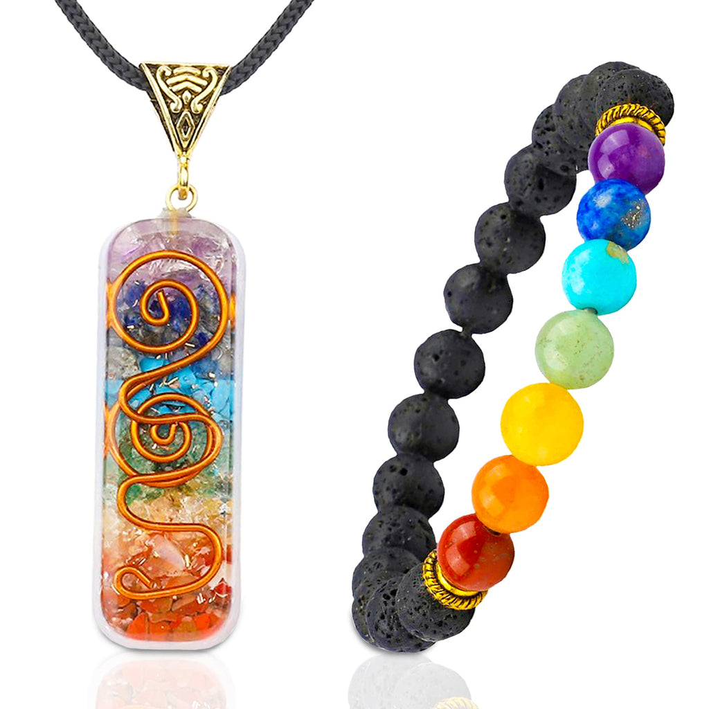 7 Chakra Necklace and Chakra Bracelet - Chakra Jewelry Set for Women & Men - Orgone Chakra Pendant with Adjustable Cord for Spiritual Healing