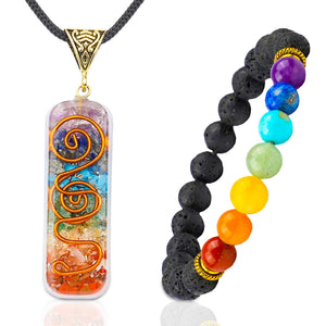 7 Chakra Necklace and Chakra Bracelet - Chakra Jewelry Set for Women & Men - Orgone Chakra Pendant with Adjustable Cord for Spiritual Healing