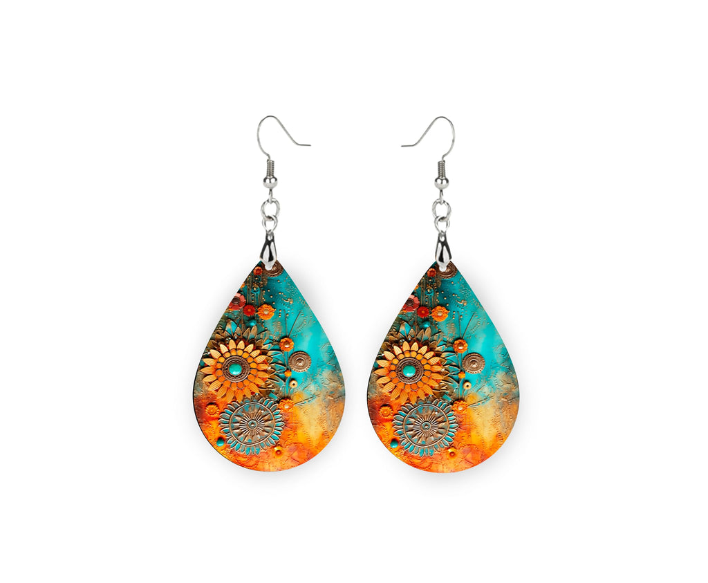 Floral Teardrop Wood Earrings Light Weight Printed Image Dangle Jewelry, Fun and Funky Earrings Handmade (Orange Turquoise Floral)