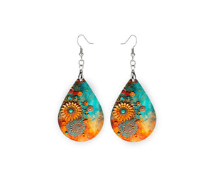 Floral Teardrop Wood Earrings Light Weight Printed Image Dangle Jewelry, Fun and Funky Earrings Handmade (Orange Turquoise Floral)