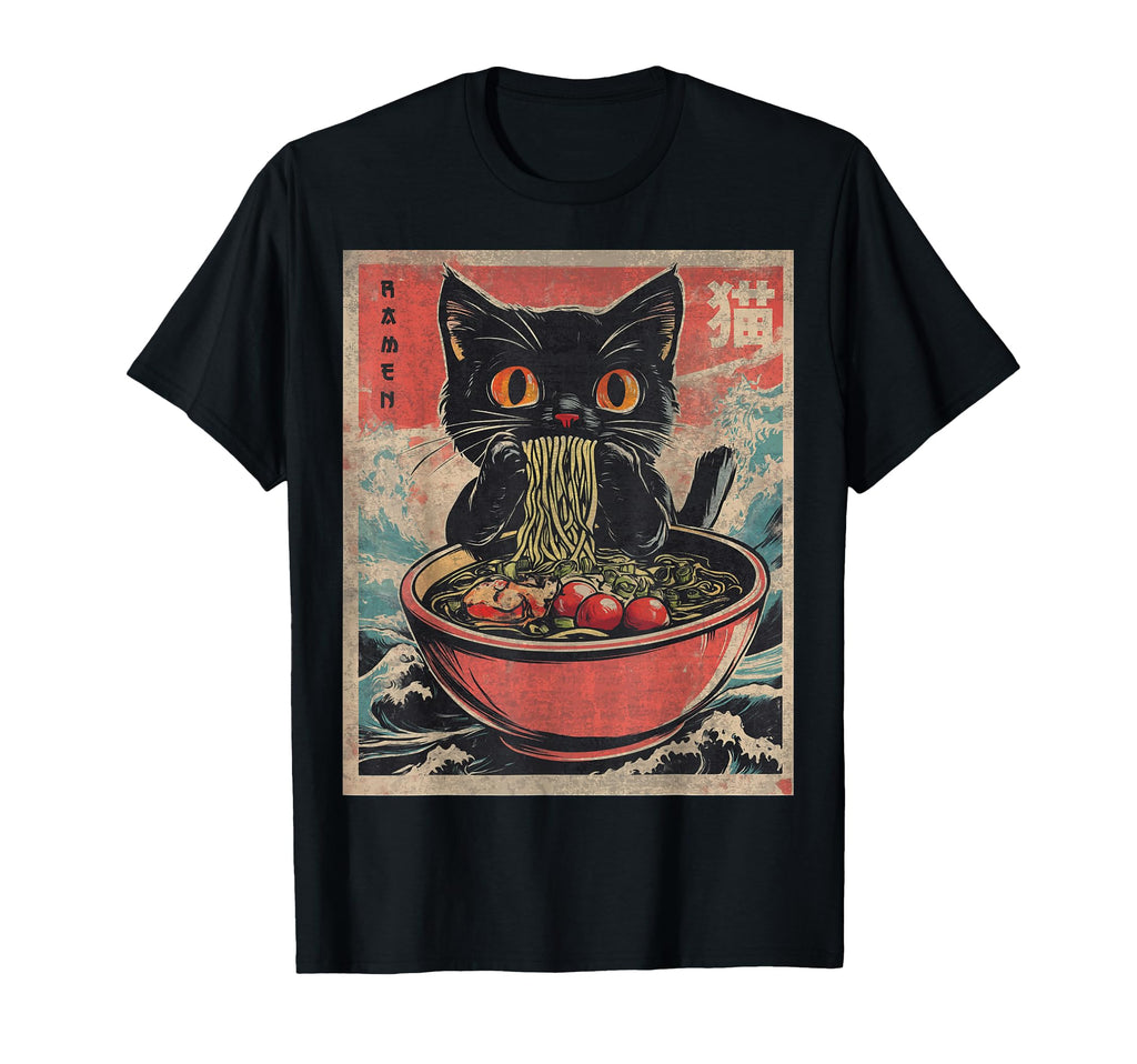 Anime Shirt For Men Women Kids Cat Ramen Noodles Unisex Anime Cat Ramen Japanese Funny Graphic Tees Kawaii Cat Anime Gifts T-Shirt Black XS