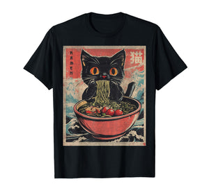 Anime Shirt For Men Women Kids Cat Ramen Noodles Unisex Anime Cat Ramen Japanese Funny Graphic Tees Kawaii Cat Anime Gifts T-Shirt Black XS