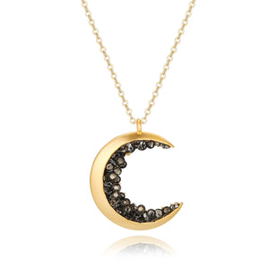MJLULU Dainty Delicate Long Layered Crescent Moon Necklace for Women - 14k Gold Plated, Minimalist Astrology Jewelry, Crescent Moon Encrusted with Black Crystal Jewels