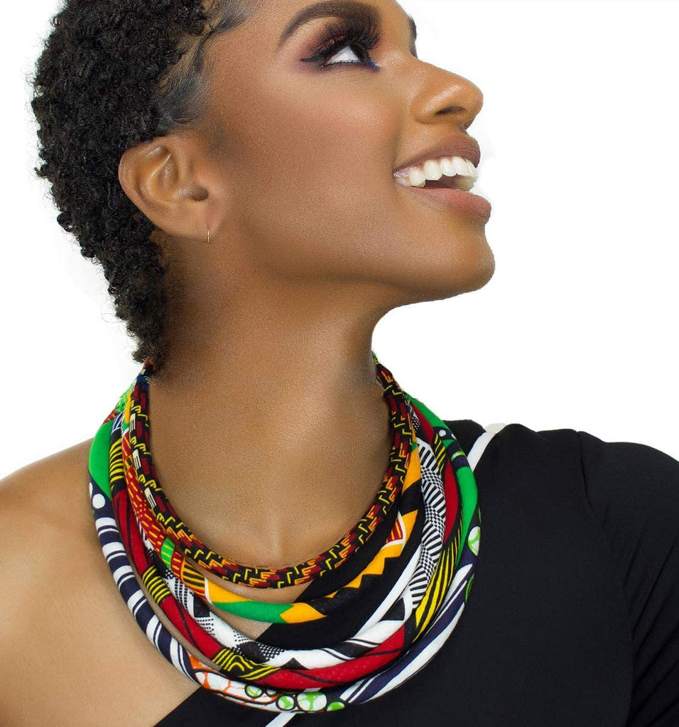 Cloth & Cord Queen Africa Print Bib Necklace | African Bib Necklace | Multi-color, Green, Yellow, Red, White, Black | African Wax Print | Unisex