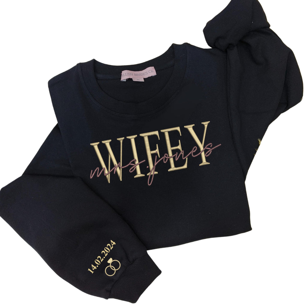 Embroidered Sweatshirt, 100% Cotton Wifey Sweatshirt, Wedding Gift, Gift for Bride, Bridal Shower Gift, Newlywed Honeymoon Present Black