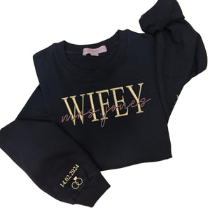 Embroidered Sweatshirt, 100% Cotton Wifey Sweatshirt, Wedding Gift, Gift for Bride, Bridal Shower Gift, Newlywed Honeymoon Present Black