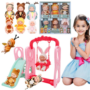 6 Pcs Mini Baby Dolls Set 4 Inch Small Baby Dolls with Animal Clothes and Slide Swing Toys (Dolls C)