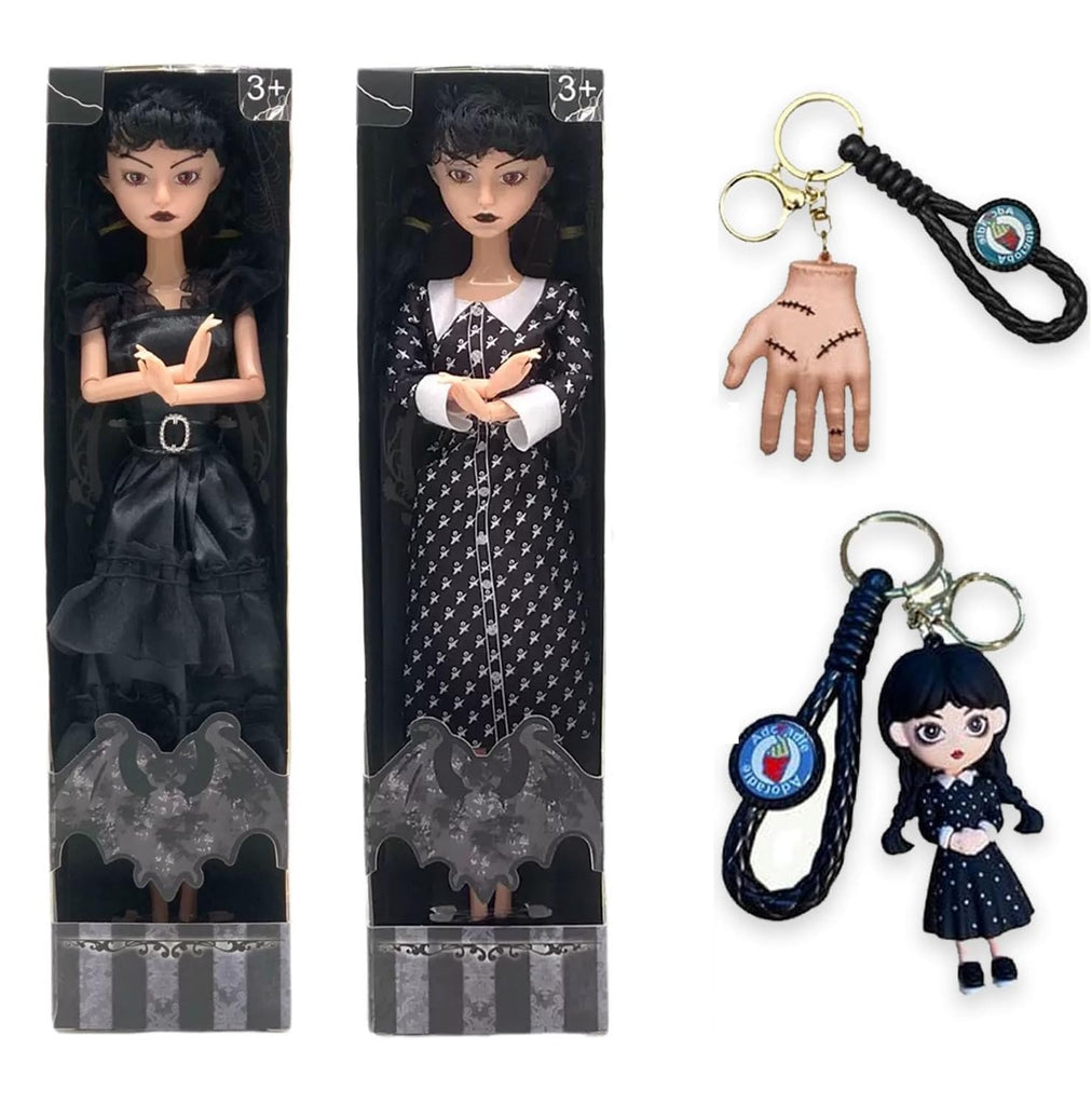 11.5 Inches Addams Dolls with Gift Box, Black Dress, High Heels and Hair, Halloween Black Doll Toys with Made to Move Features, Ideal for Girls, Kids, and Fans