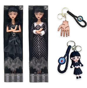 11.5 Inches Addams Dolls with Gift Box, Black Dress, High Heels and Hair, Halloween Black Doll Toys with Made to Move Features, Ideal for Girls, Kids, and Fans