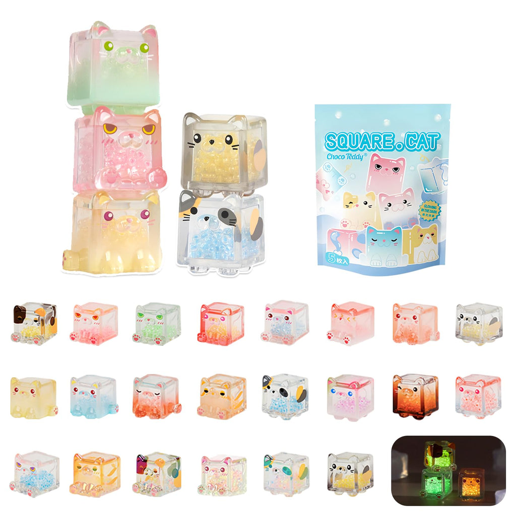 Glow in The Dark Figure, Square Cat Series Blind Box (5 Figures per Box) Random Style Action Figure Cute Blind Bag Collectible Toys - Mini Figures Mystery Box for Cat Lovers Birthday Gift & Desk Decor