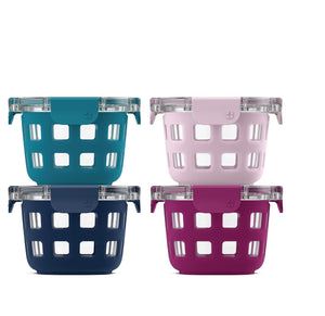 Four colorful containers with lids on a white background, featuring icons and text about container features.