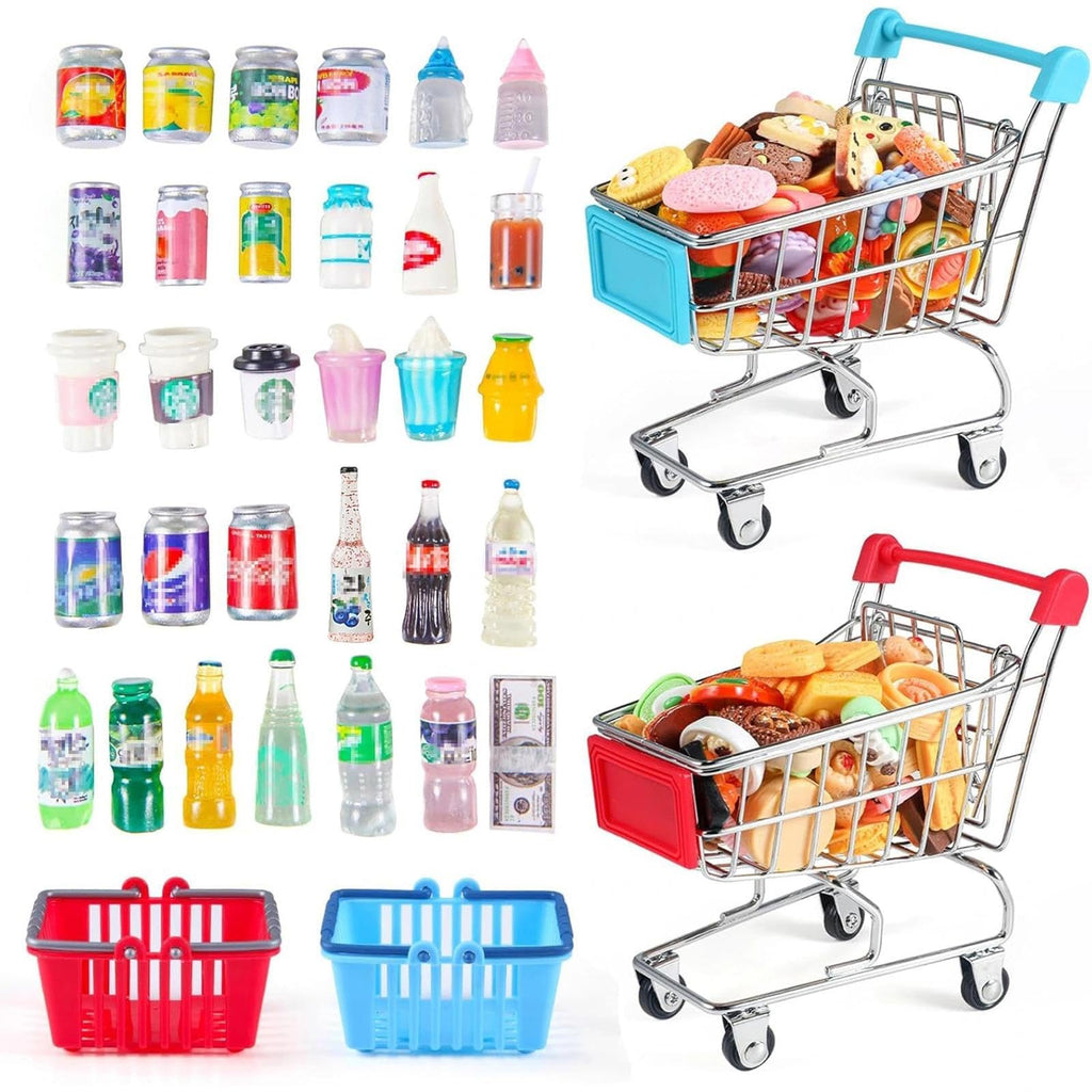 134pcs Mini Shopping Cart Basket Miniature Food Drink Bottle Supermarket Metal Handcart Toys Doll House Store Cosplay Game Dollhouse Grocery Fruit Cake Bread Party Trolley Model Dollar Bills