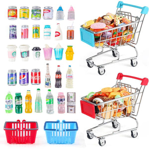 134pcs Mini Shopping Cart Basket Miniature Food Drink Bottle Supermarket Metal Handcart Toys Doll House Store Cosplay Game Dollhouse Grocery Fruit Cake Bread Party Trolley Model Dollar Bills