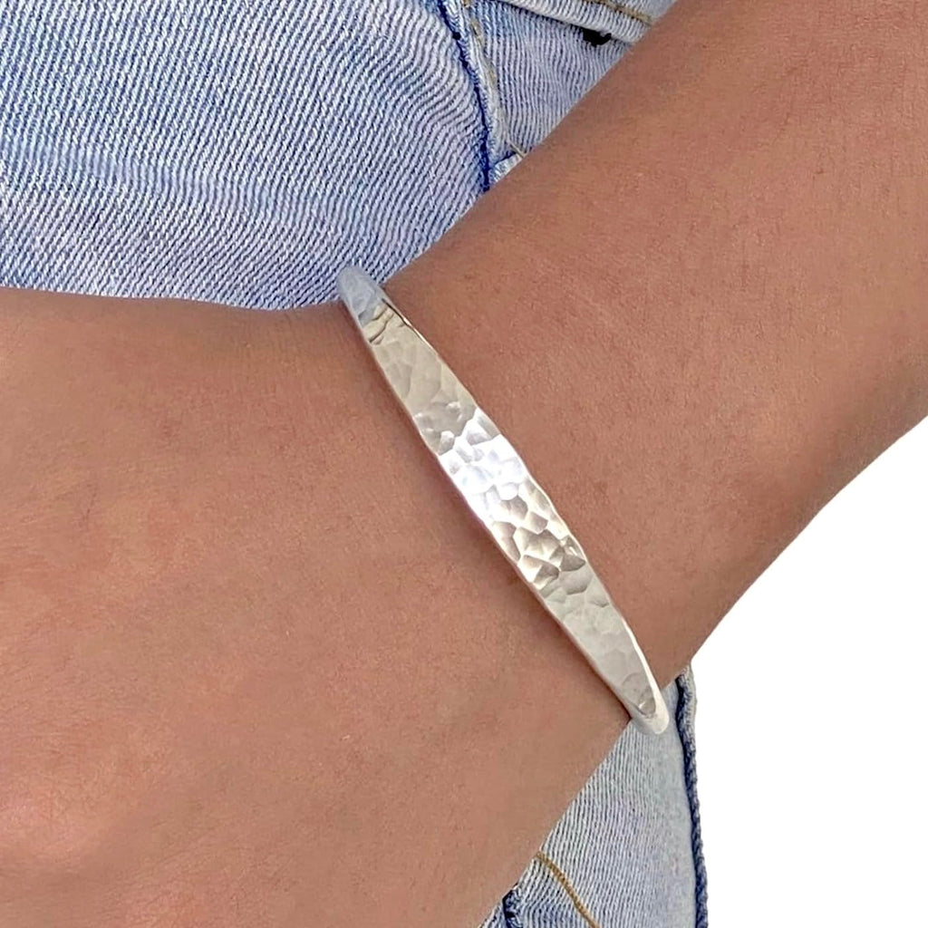Hammered Sterling Silver Handmade Cuff Bracelet, Minimalist Simple Shiny Silver 1/4 inch Wide, 6 1/2 long, Thick and Solid, Gift for Her