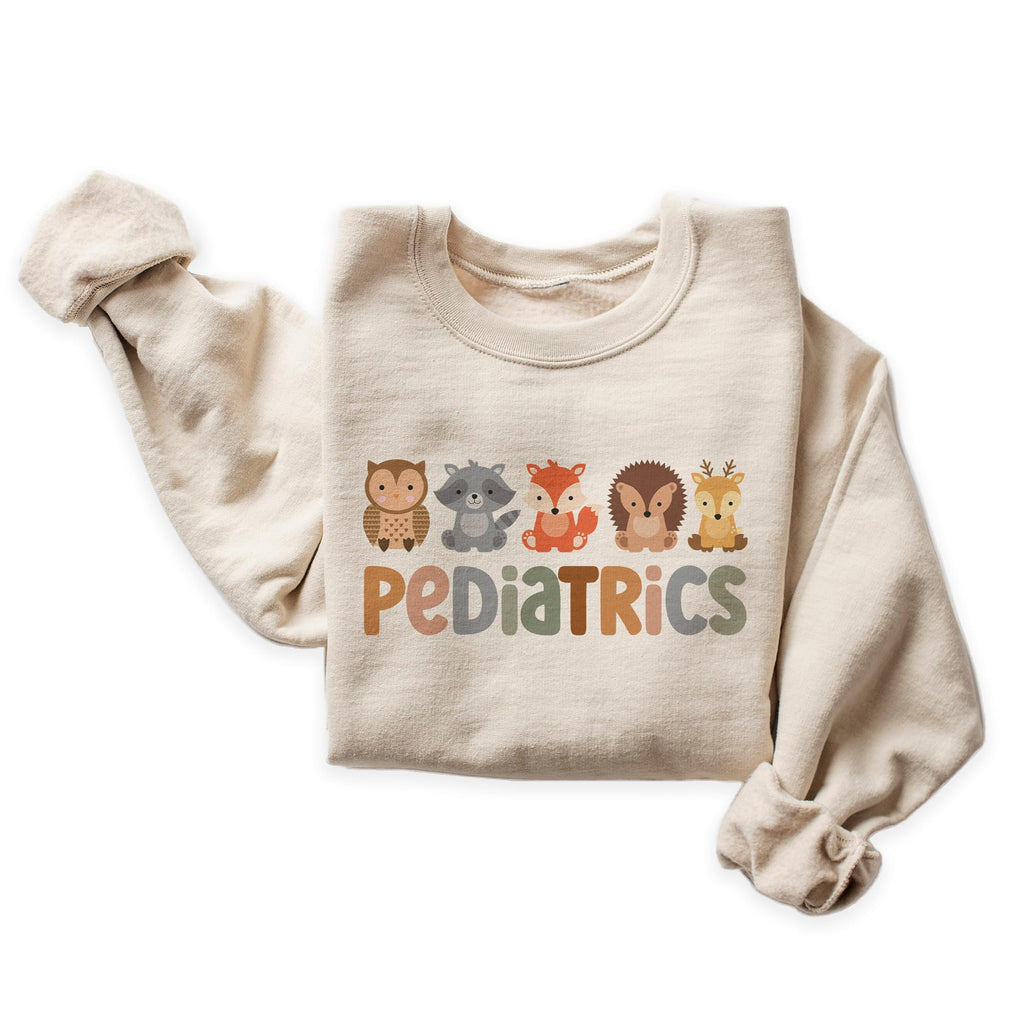 Pediatrics Department Sweatshirt, Cute PEDS Woodland Animals Sweater, Pediatric Nurse Doctor Gift, Nursing School Grad, Pediatrics Department, Nurse Week Unisex Crewneck Sand