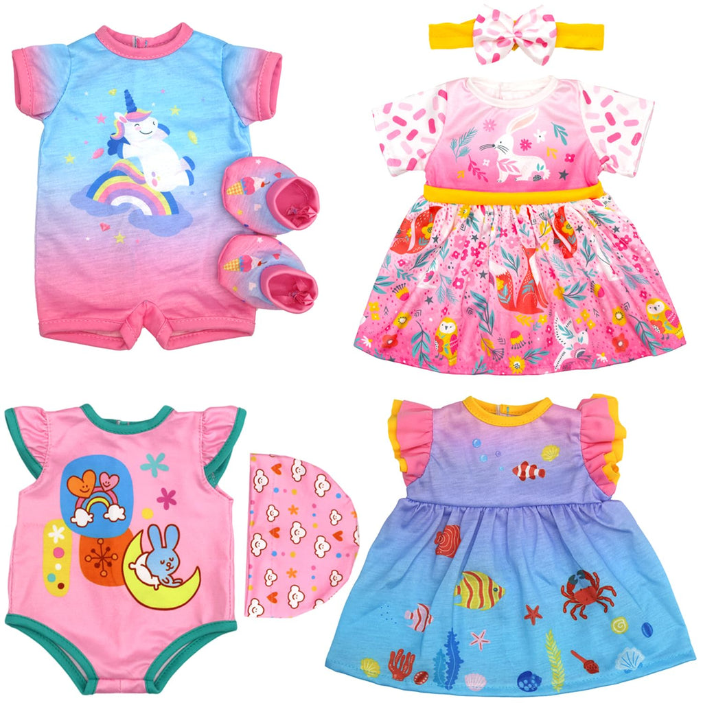 4 Set Doll Clothes, Baby Doll Clothes for 14 -16 Inch, 18 Inch Girl Doll Clothes Outfits and Accessories 7 Pcs Include Jumpsuit, Dresses, Headbands, Hats, Shoes (No Dolls)