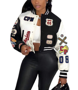 Glitrandi Varsity Jacket Women with Patches Print Cropped Bomber Leather Jacket Women 2025 S-XXL