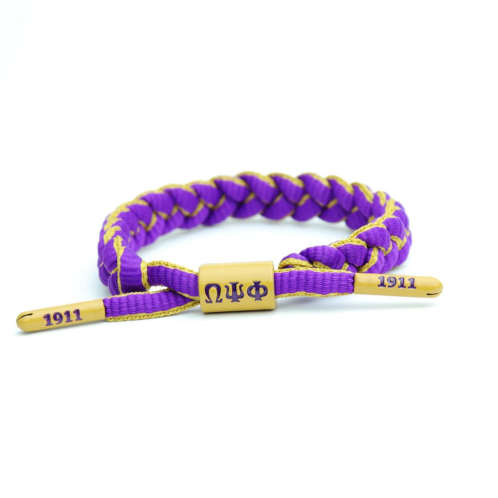 THE SANDZ Omega Psi Phi Fraternity adjustable wristband bracelet. Purple and Gold paracord. Lace tips debossed with founding year 1911