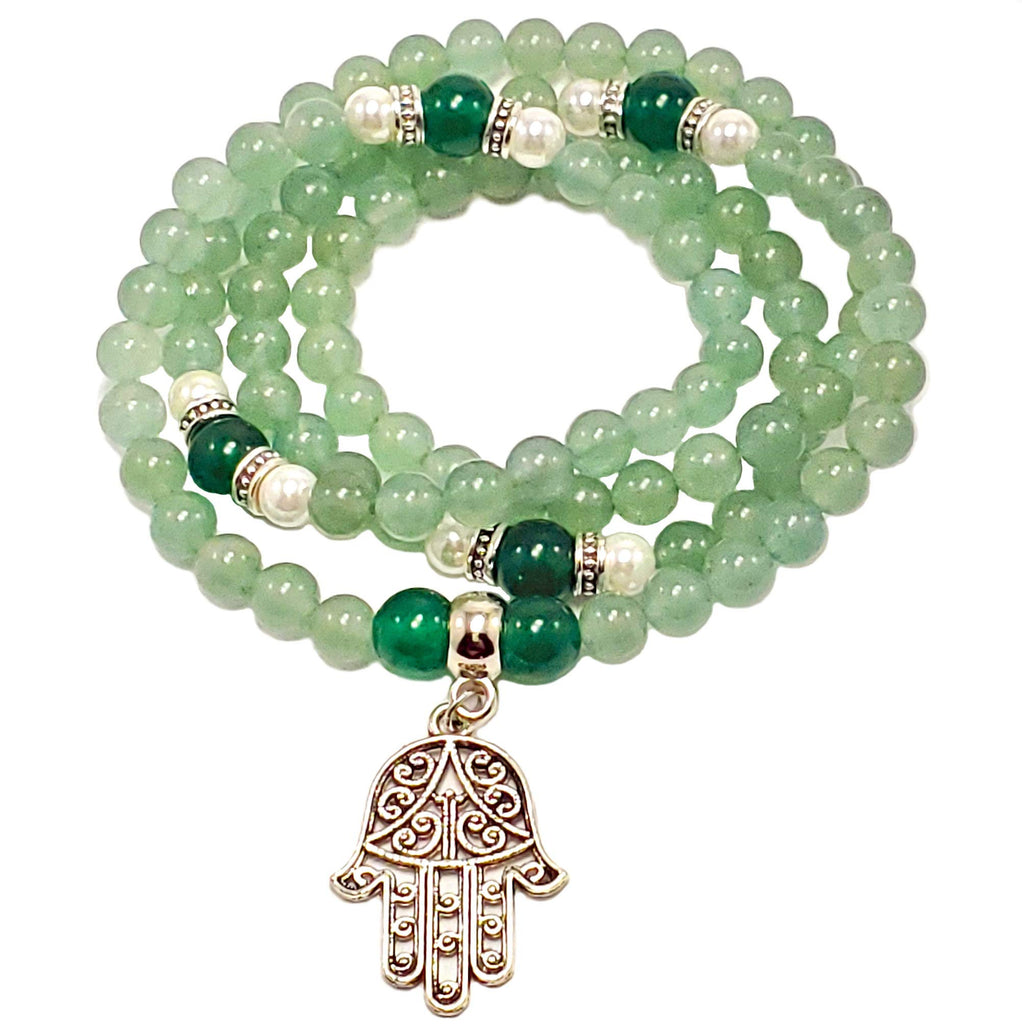 108 Mala Beads Necklace – Green Aventurine, Emerald Jade & Pearl – Handmade Heart Chakra Jewelry with Hamsa Charm – Yoga Meditation Gift for Men & Women - Exclusively Yoga Girl USA