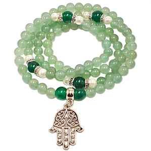 108 Mala Beads Necklace – Green Aventurine, Emerald Jade & Pearl – Handmade Heart Chakra Jewelry with Hamsa Charm – Yoga Meditation Gift for Men & Women - Exclusively Yoga Girl USA